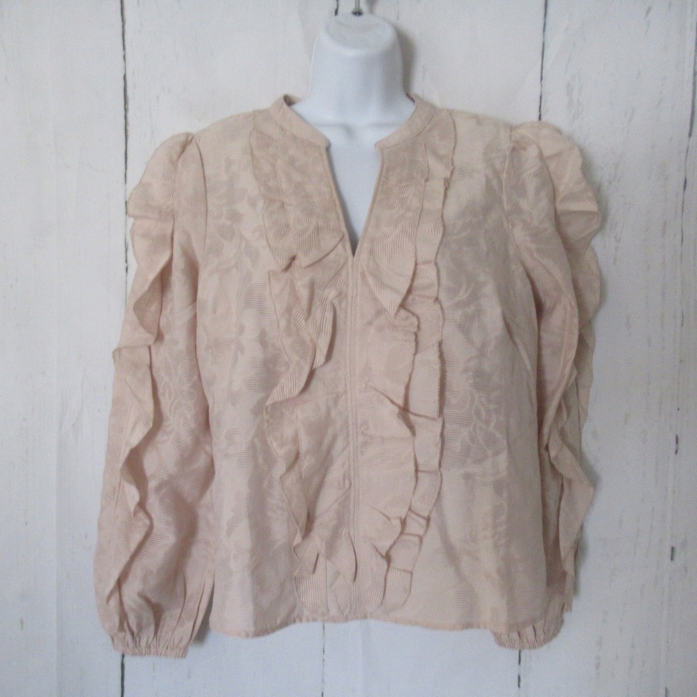 Per Una Top 8 Beige Floral Ruffle Long Sleeve Lagenlook Minimalist Steampunk